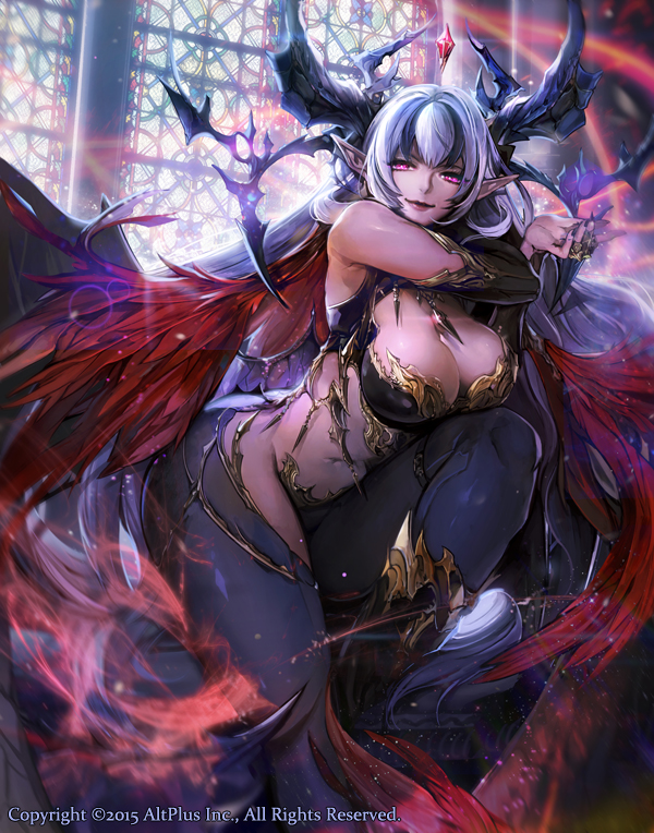&gt;:) armor armored_boots armpit_peek bahamut_brave bangs bare_shoulders black_hair black_legwear boots breasts cleavage closed_mouth commentary_request demon_girl demon_horns feathered_wings fingernails gold hair_ornament horns jewelry large_breasts lipstick long_fingernails long_hair looking_at_viewer makeup multicolored_hair navel official_art pink_eyes pointy_ears purple_lipstick red_wings ring sharp_fingernails smile solo stained_glass stomach sunlight thighhighs two-tone_hair v-shaped_eyebrows very_long_hair white_hair wings zis