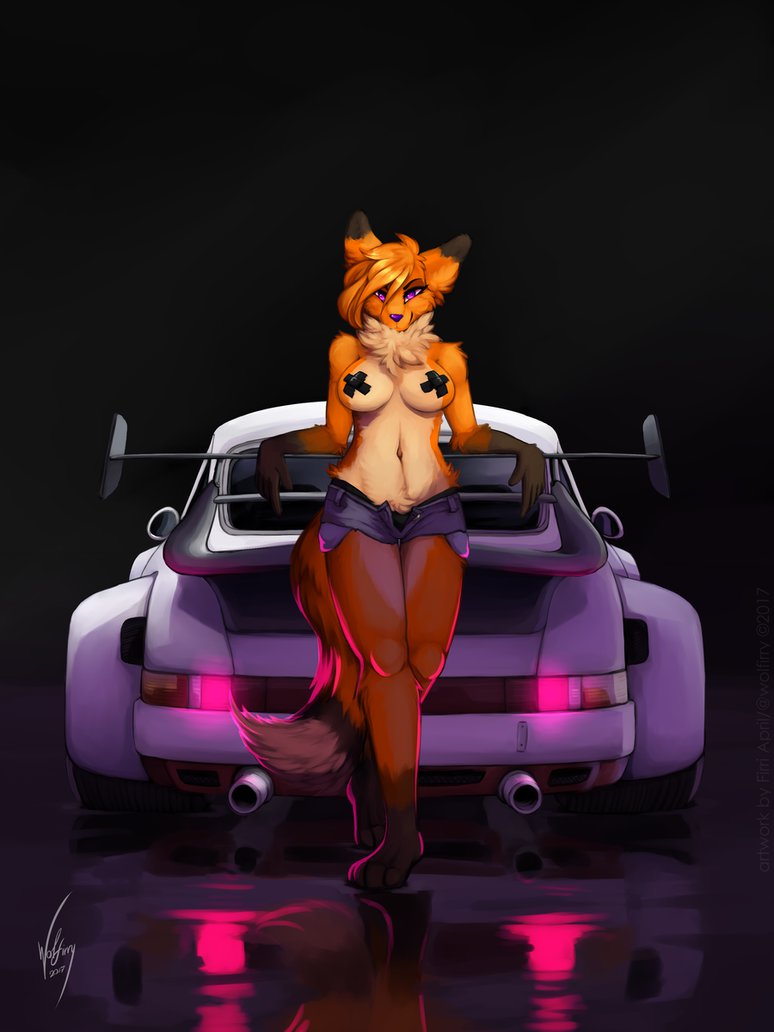 2017 5_fingers anthro big_breasts biped blonde_hair breasts canine car clothed clothing eyebrows eyelashes female fluffy fluffy_tail fox full-length_portrait fur gloves_(marking) hair humanoid_hands leg_markings long_ears looking_at_viewer mammal markings multicolored_fur navel neck_tuft orange_fur plantigrade portrait pose purple_eyes purple_nose reflection short_hair signature simple_background smile snout standing tape topless tuft two_tone_fur vehicle white_fur wolfirry