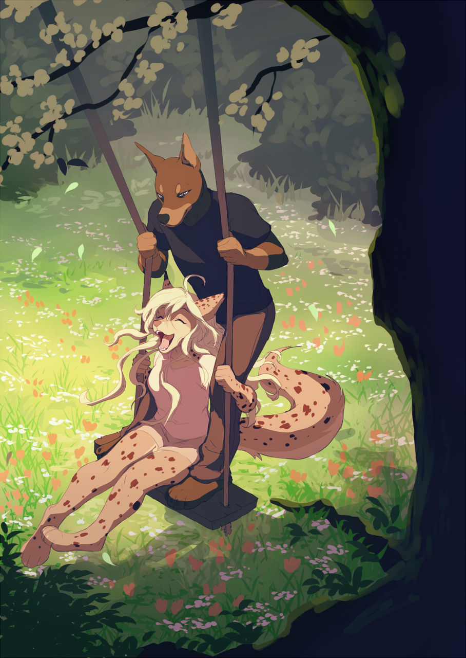 akitamonster anthro barefoot brown_fur canine clothed clothing day detailed_background dog duo eyes_closed female fur grass male mammal open_mouth outside purple_eyes smile spots spotted_fur swing tan_fur