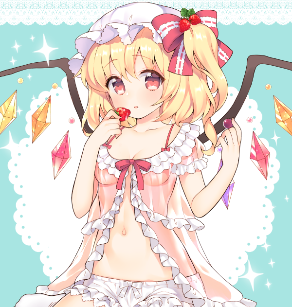 alternate_costume babydoll blonde_hair bloomers blush bow breasts cleavage collarbone commentary_request crystal flandre_scarlet food food_themed_hair_ornament frills fruit hair_between_eyes hair_ornament hat hat_bow looking_at_viewer mob_cap mugicha_(mugicha0929) navel parted_lips red_bow red_eyes short_sleeves side_ponytail small_breasts solo stomach strawberry strawberry_hair_ornament touhou underwear wings