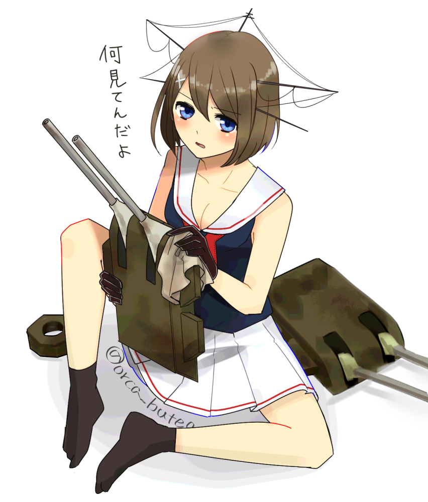 antennae black_gloves blue_eyes brown_hair cannon gloves hair_ornament headgear kantai_collection looking_at_viewer maya_(kantai_collection) pleated_skirt sailor_collar shirt short_hair simple_background sitting skirt sleeveless sleeveless_shirt solo twitter_username white_background white_sailor_collar white_skirt x_hair_ornament yamashiki_(orca_buteo)