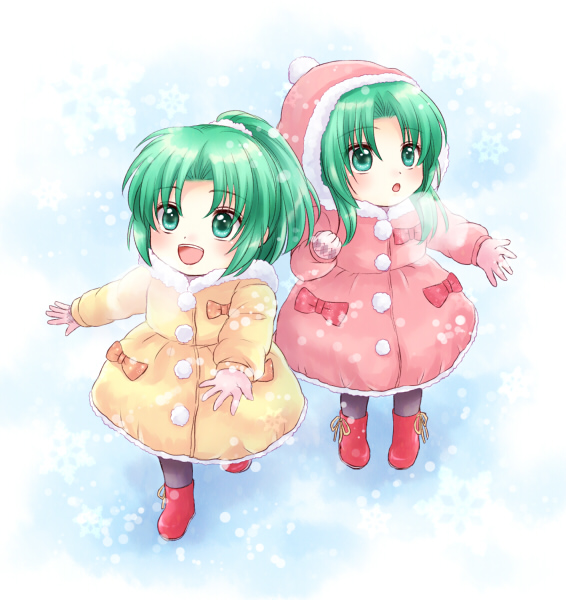 :d boots bow child coat gloves green_eyes green_hair higurashi_no_naku_koro_ni hood maekawa_suu multiple_girls open_mouth ponytail siblings sisters smile snowflakes snowing sonozaki_mion sonozaki_shion twins younger