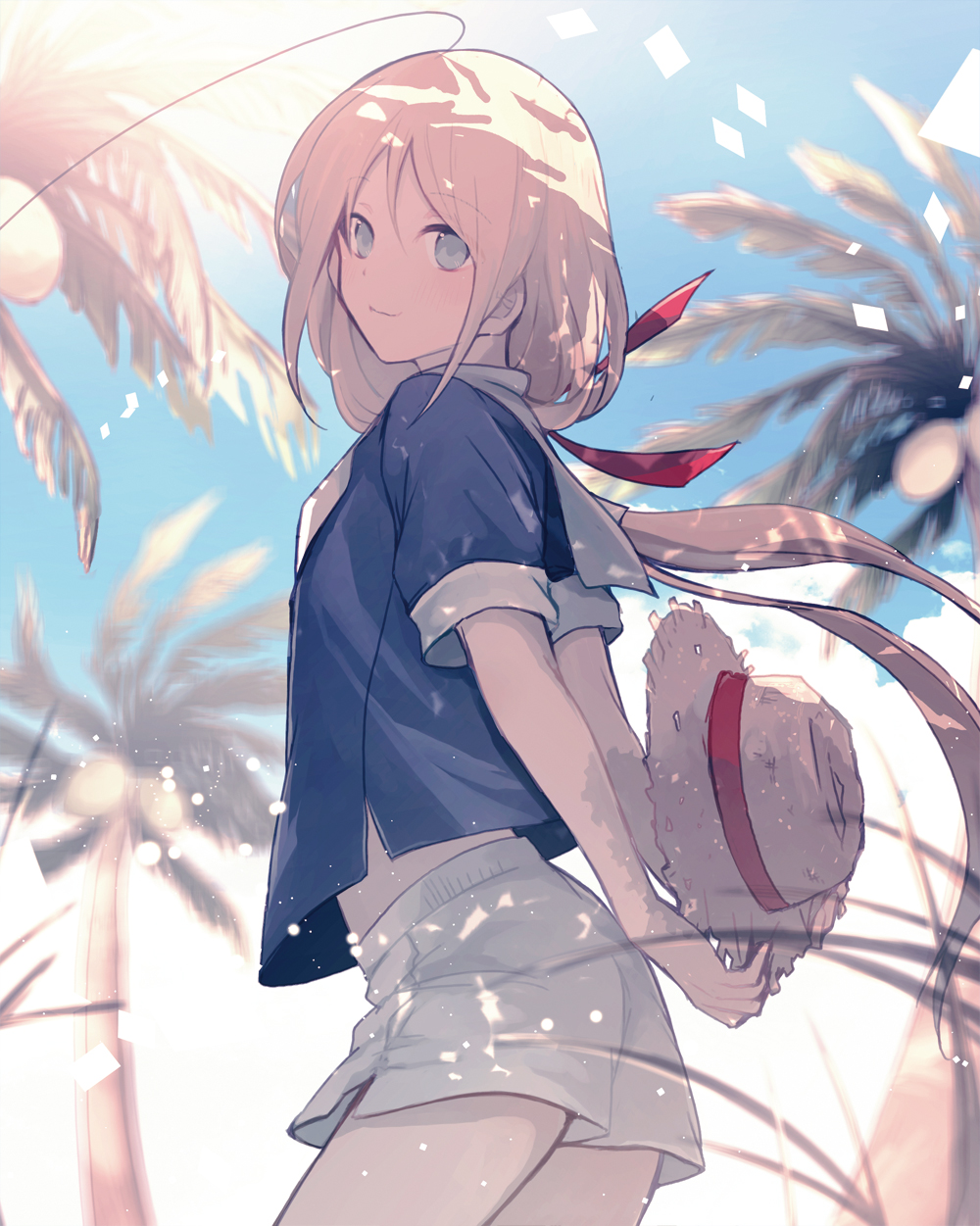 aqua_eyes arms_behind_back bangs blue_shirt blue_sky blurry breasts closed_mouth cowboy_shot day depth_of_field hat highres light_smile long_hair looking_at_viewer medium_breasts miyanoyori original outdoors palm_tree parted_bangs shirt shorts sky smile solo straw_hat sun_hat sunlight tree white_shorts