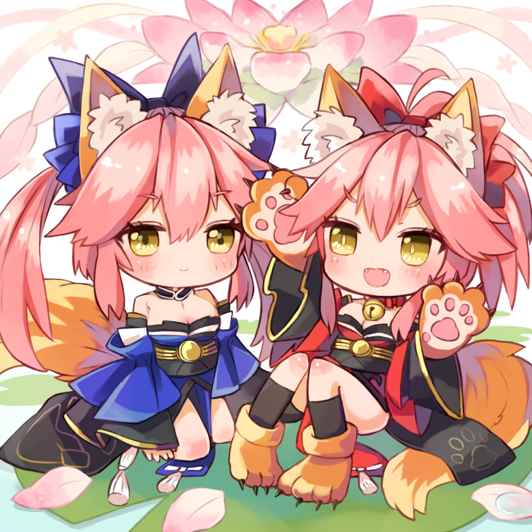 2girls animal_ears bell bell_collar blue_legwear blush bow breasts chibi cleavage collar detached_sleeves dual_persona fang fate/extra fate/grand_order fate_(series) flower fox_ears fox_tail gloves hair_bow hair_ribbon japanese_clothes large_breasts long_hair looking_at_viewer multiple_girls open_mouth paw_gloves paw_shoes paws pink_hair ribbon shoes sitting tail tamamo_(fate)_(all) tamamo_cat_(fate) tamamo_no_mae_(fate) yellow_eyes