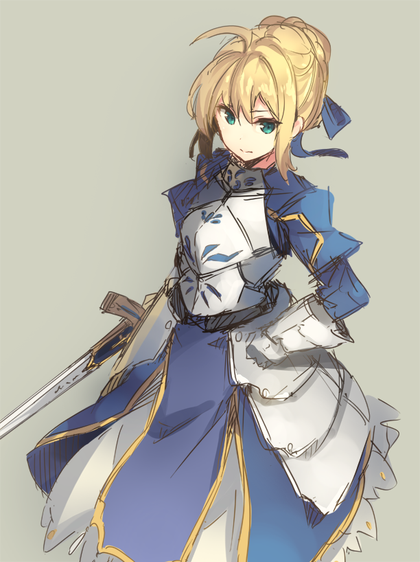 3: ahoge armor artoria_pendragon_(all) bangs banned_artist blue_dress blue_ribbon braid breastplate closed_mouth dress excalibur eyebrows_visible_through_hair fate/stay_night fate_(series) faulds french_braid gauntlets green_eyes grey_background hair_ribbon holding holding_sword holding_weapon juliet_sleeves long_sleeves looking_at_viewer paseri puffy_sleeves ribbon saber sidelocks simple_background sketch solo sword weapon
