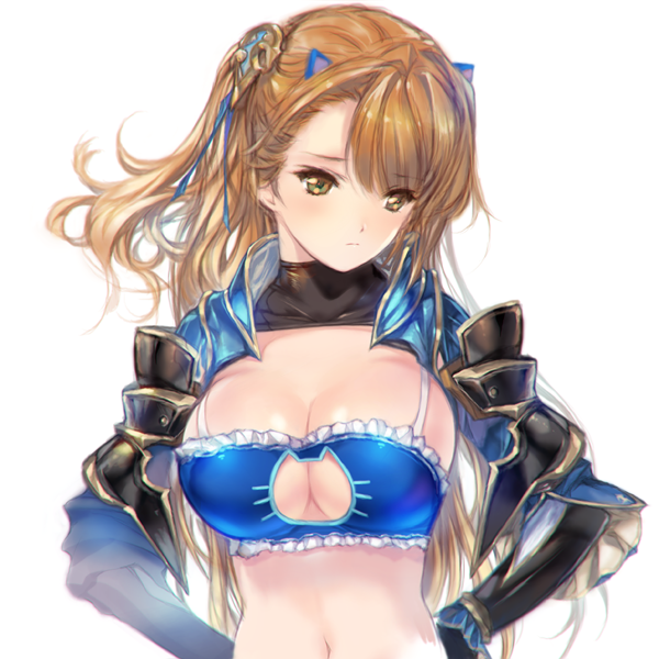 animal_ears bangs beatrix_(granblue_fantasy) breasts brown_eyes brown_hair cat_cutout cat_ears cleavage detached_collar gauntlets granblue_fantasy hair_ornament large_breasts long_hair looking_away meme_attire min-naraken navel one_side_up simple_background solo swept_bangs upper_body white_background