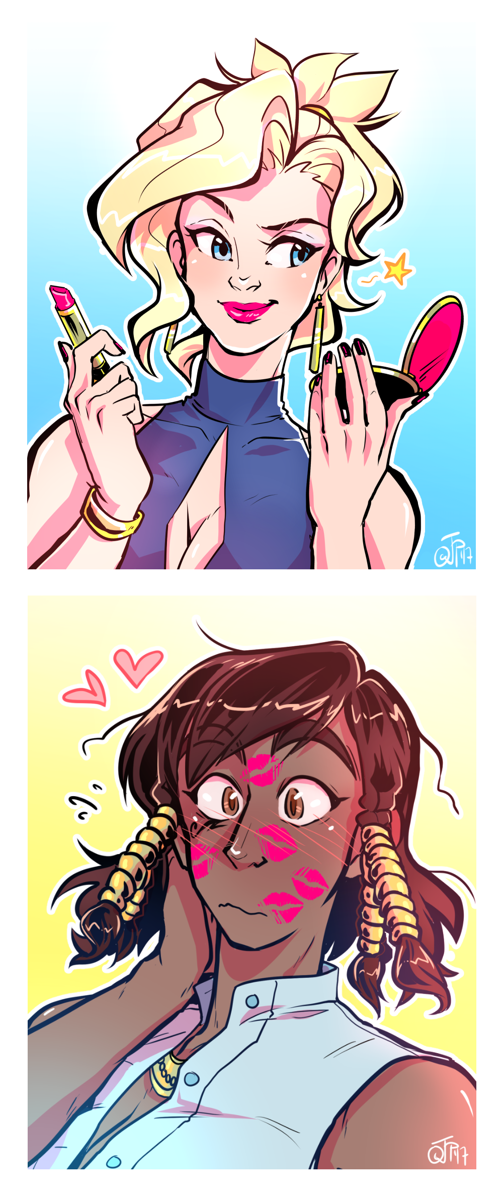 2koma after_kiss applying_makeup blonde_hair blue_eyes blush breasts brown_eyes brown_hair casual cleavage cleavage_cutout comic commentary compact dark_skin ddhew earrings english_commentary eyebrows hair_tubes heart highres jewelry lipstick lipstick_mark lipstick_tube makeup medium_breasts mercy_(overwatch) multiple_girls necklace overwatch pharah_(overwatch) shirt short_ponytail sideways_glance sleeveless sleeveless_shirt sleeveless_turtleneck turtleneck yuri