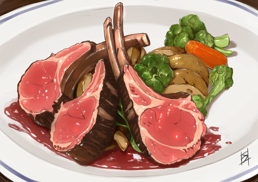 carrot food lamb_chops no_humans original plate potato sauce signature umitsuki_yu