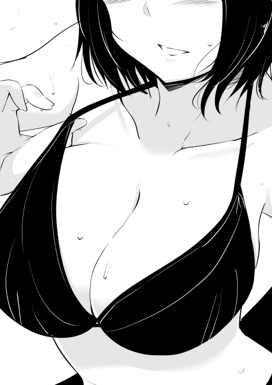 blush breasts cleavage close-up collarbone greyscale head_out_of_frame kichihachi large_breasts monochrome original short_hair solo strap_pull sweat upper_body