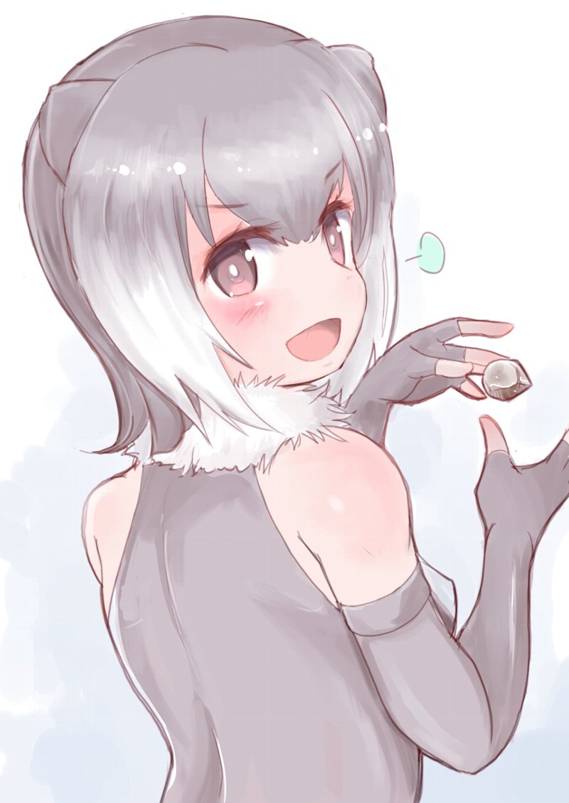 :d animal_ears blush breasts brown_eyes elbow_gloves fingerless_gloves from_behind fume fur_collar gloves grey_gloves grey_hair kemono_friends looking_back multicolored_hair nenkou-san open_mouth otter_ears rock sketch small-clawed_otter_(kemono_friends) small_breasts smile solo two-tone_hair upper_body v-shaped_eyebrows white_background white_hair