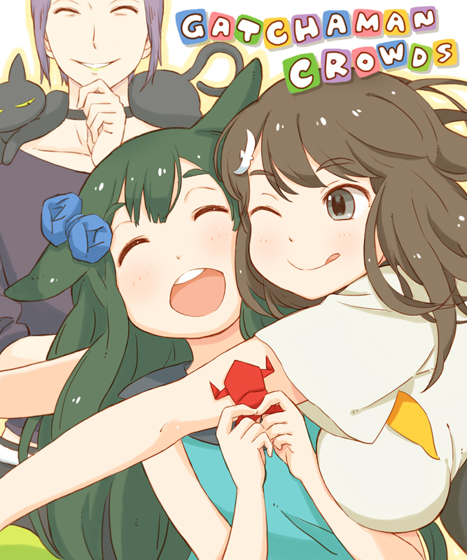 2girls :d ;q ^_^ animal animal_on_shoulder bird_hair_ornament black_cat breasts brown_eyes brown_hair cat cat_on_shoulder cheek-to-cheek choker closed_eyes collarbone copyright_name gatchaman_crowds glomp green_hair hair_flaps hair_ornament happy holding hug ichinose_hajime large_breasts lipstick long_hair looking_at_another makeup multiple_girls o.d. one_eye_closed open_mouth origami outline outstretched_arms parted_lips purple_hair school_uniform short_hair sleeveless smile takagi_hideaki tongue tongue_out utsutsu white_background yellow_lipstick yellow_sclera