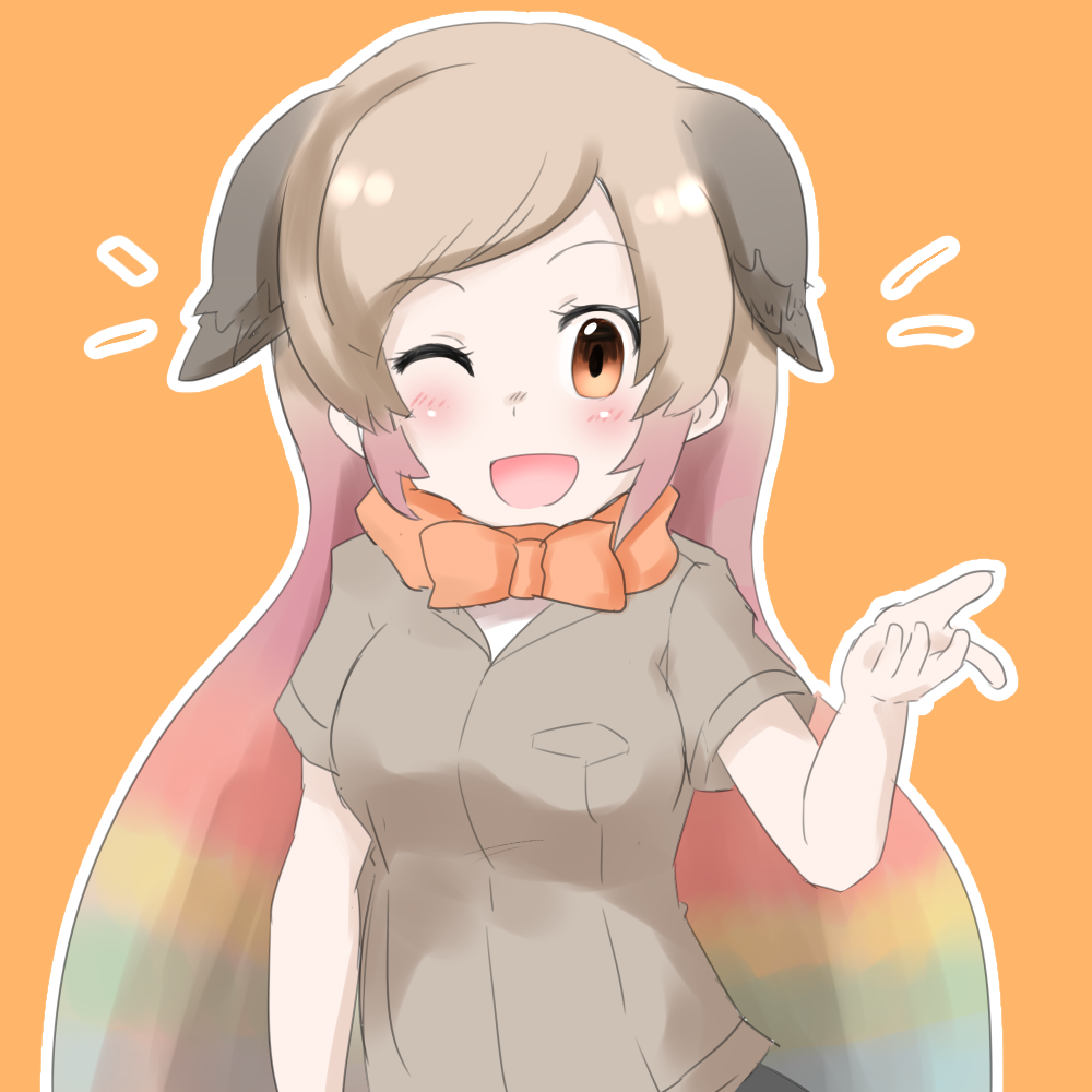 blonde_hair blue_hair blush bow bowtie brown_hair darwin's_finch_(kemono_friends) feathered_wings feathers green_hair kemono_friends long_hair multicolored_hair one_eye_closed open_mouth orange_background orange_eyes pink_hair simple_background solo upper_body wings yaguruma_(ygrm0324)