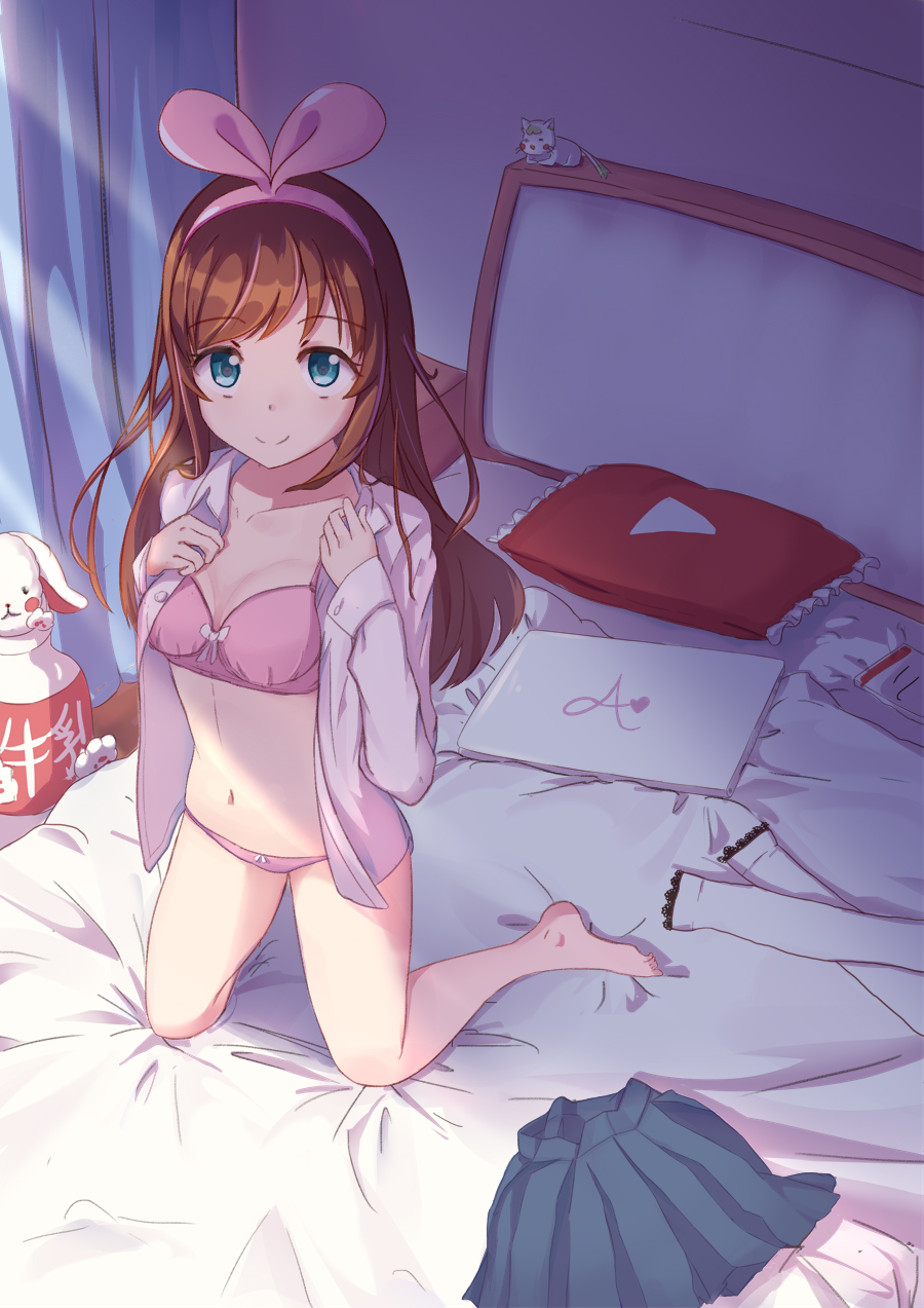 a.i._channel bangs barefoot bed blue_eyes bra brown_hair dress_shirt eyebrows_visible_through_hair from_above full_body highres indoors kizuna_ai kneeling light_rays ling_ling_ling long_hair looking_at_viewer on_bed open_clothes open_shirt panties pink_bra pink_panties school_uniform shirt skirt skirt_removed smile solo swept_bangs thighhighs_removed underwear virtual_youtuber