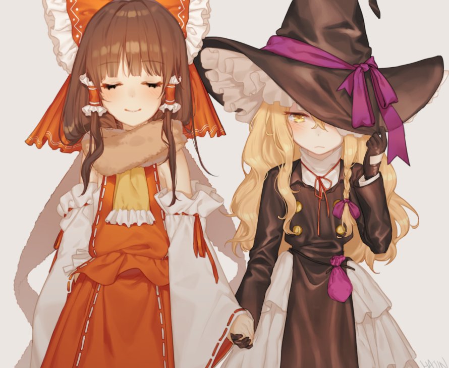 bangs bare_shoulders black_gloves blonde_hair blunt_bangs blush bow brown_hair closed_eyes commentary_request detached_sleeves embarrassed frown gloves hair_bow hair_tubes hajin hakurei_reimu hat hat_over_one_eye hat_ribbon hat_tug height_difference holding_hands kirisame_marisa large_bow long_hair messy_hair multiple_girls petticoat pouch ribbon scarf skirt smile smug touhou trench_coat turtleneck wavy_hair witch_hat yuri