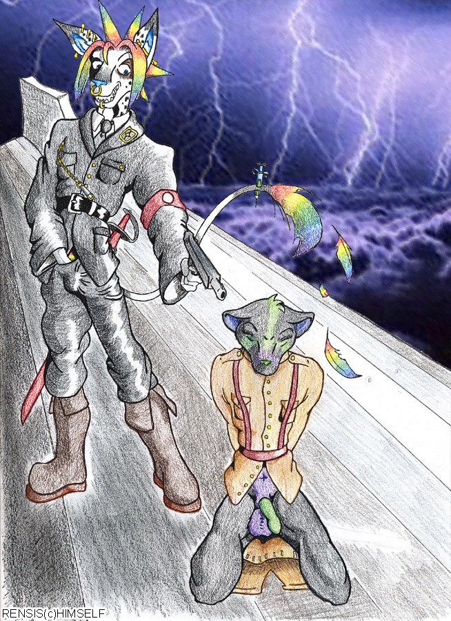 balls boots cat clothed clothing facial_piercing feline footwear gun hair kneeling lightning male male/male mammal masturbation melee_weapon mohawk multicolored_hair nose_piercing nose_ring penis piercing rainbow rainbow_hair ranged_weapon rensis snuff sword syringe uniform weapon