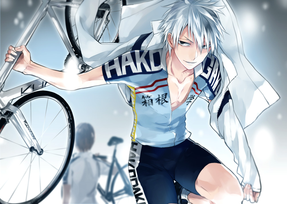 arakita_yasutomo bicycle bike_shorts black_hair chest collarbone cyclist fingerless_gloves gloves grey_eyes ground_vehicle kuroda_yukinari looking_at_viewer maka_(morphine) male_focus multiple_boys pale_skin short_hair shorts smirk sportswear white_hair yowamushi_pedal