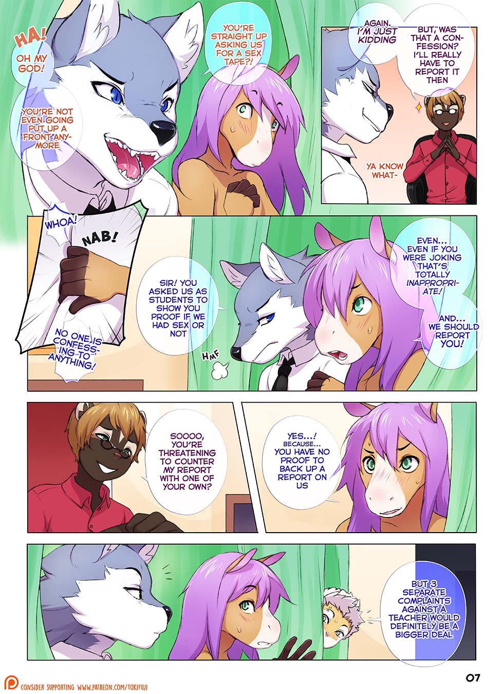 2017 5_fingers anthro arm_grab badger black_nose blue_eyes brown_fur canine clothed clothing comic curtains deckland_(tokifuji) dialogue digital_media_(artwork) english_text equine eyebrow_piercing eyebrows facial_piercing fully_clothed fur gavin_(tokifuji) green_eyes grey_fur group hair hi_res horse humanoid_hands inner_ear_fluff inside jacket jewelry male mammal mustelid necklace necktie open_mouth patreon piercing pink_nose pointing purple_hair reggie_(tokifuji) school_uniform shirt speech_bubble text tokifuji topless uniform url weasel white_fur white_hair wolf