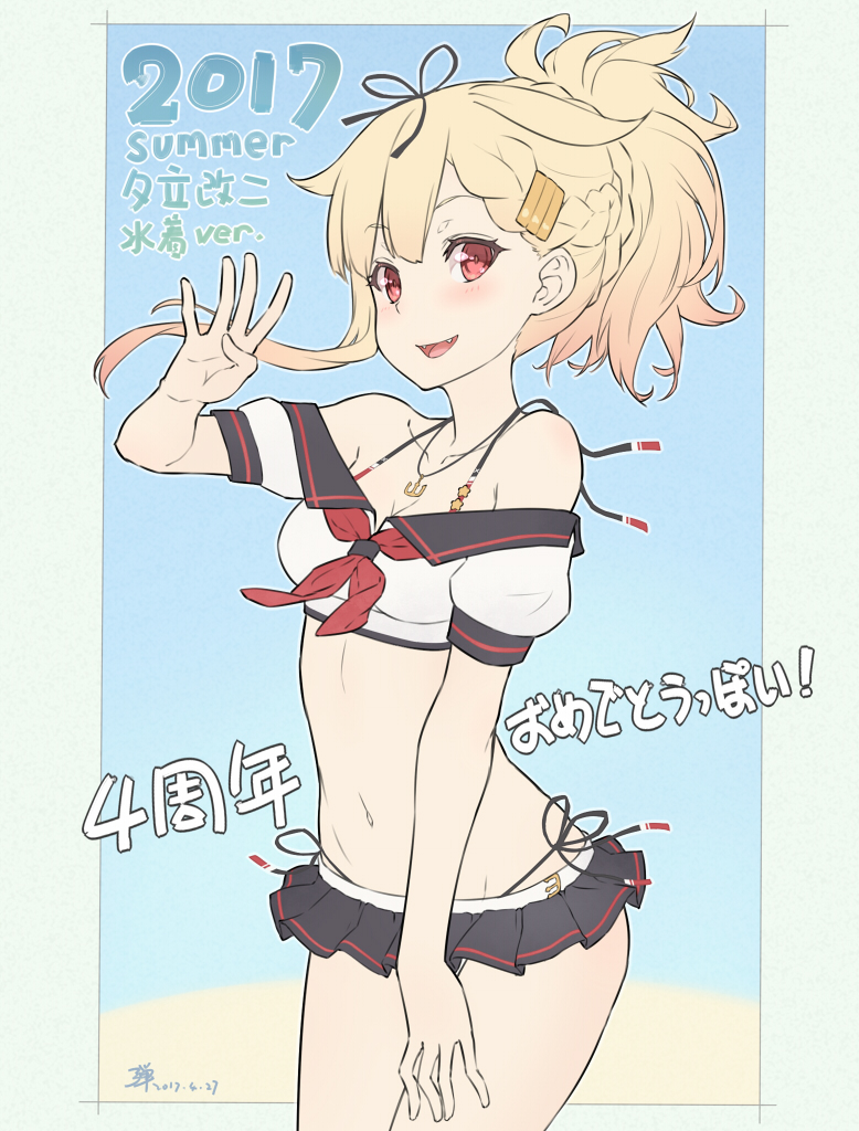 adapted_costume alternate_costume alternate_hairstyle anchor_necklace bare_shoulders bikini blonde_hair blush braid breasts cleavage commentary_request crop_top dan_(kumadan) fangs french_braid hair_flaps hair_ornament hair_ribbon jewelry kantai_collection looking_at_viewer md5_mismatch microskirt midriff navel necklace open_mouth red_eyes remodel_(kantai_collection) ribbon side-tie_bikini sketch skirt small_breasts smile solo swimsuit yuudachi_(kantai_collection)