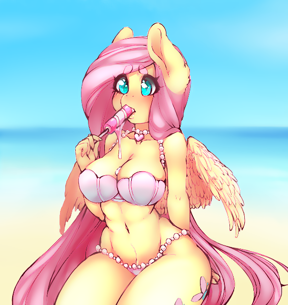 2017 anthro anthrofied bikini blush breasts cleavage clothed clothing cutie_mark equine feathered_wings feathers female fluttershy_(mlp) food friendship_is_magic hair long_hair mammal my_little_pony navel outside pegasus pink_hair popsicle solo swimsuit tolsticot wings
