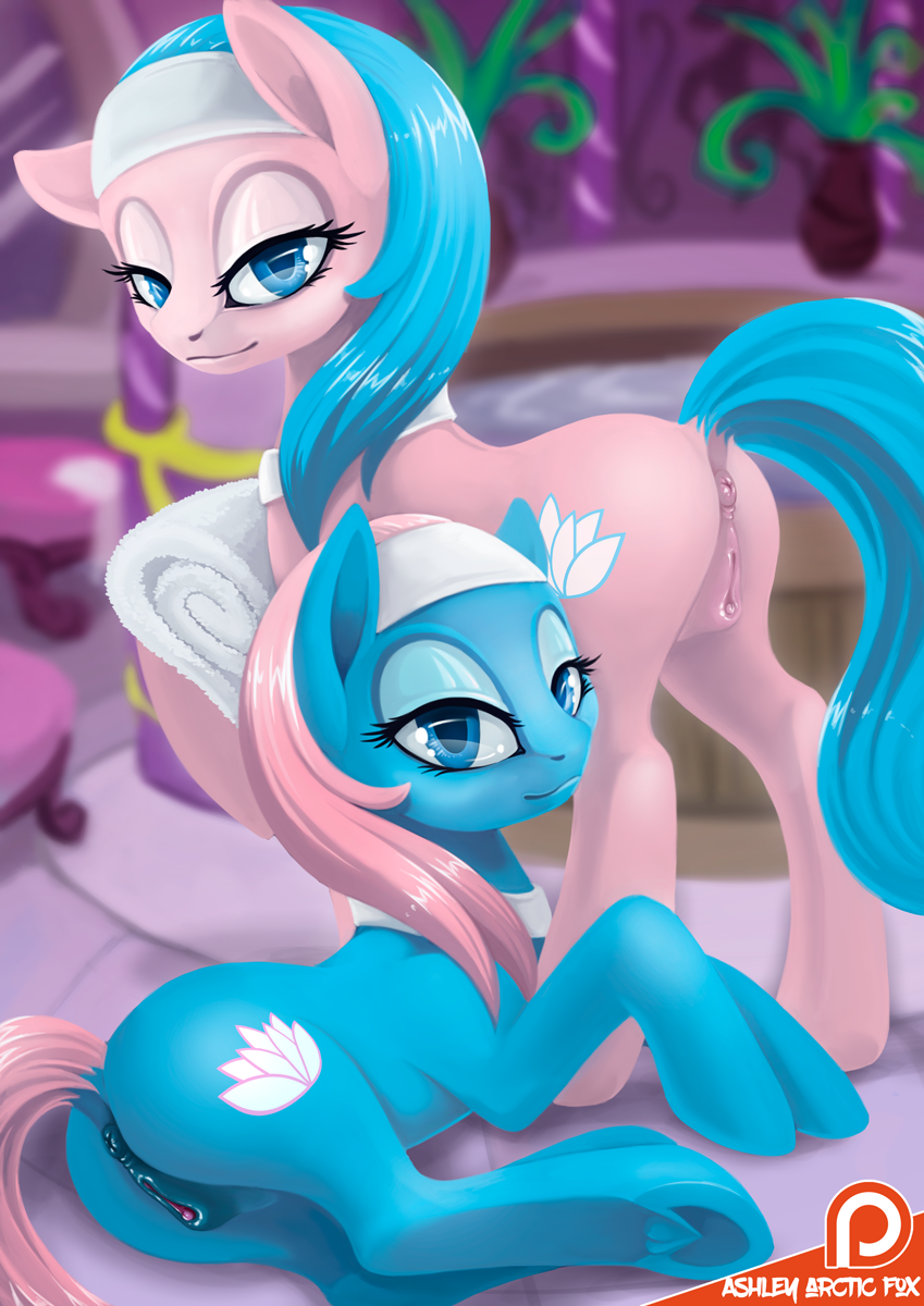 2017 aloe_(mlp) anatomically_correct anatomically_correct_pussy animal_genitalia animal_pussy anus ashley-arctic-fox blue_eyes butt clitoris cutie_mark duo earth_pony equine equine_pussy female feral friendship_is_magic hair half-closed_eyes hi_res horse inside looking_at_viewer lotus_(mlp) lying mammal my_little_pony patreon pink_hair pony pussy sibling sisters towel