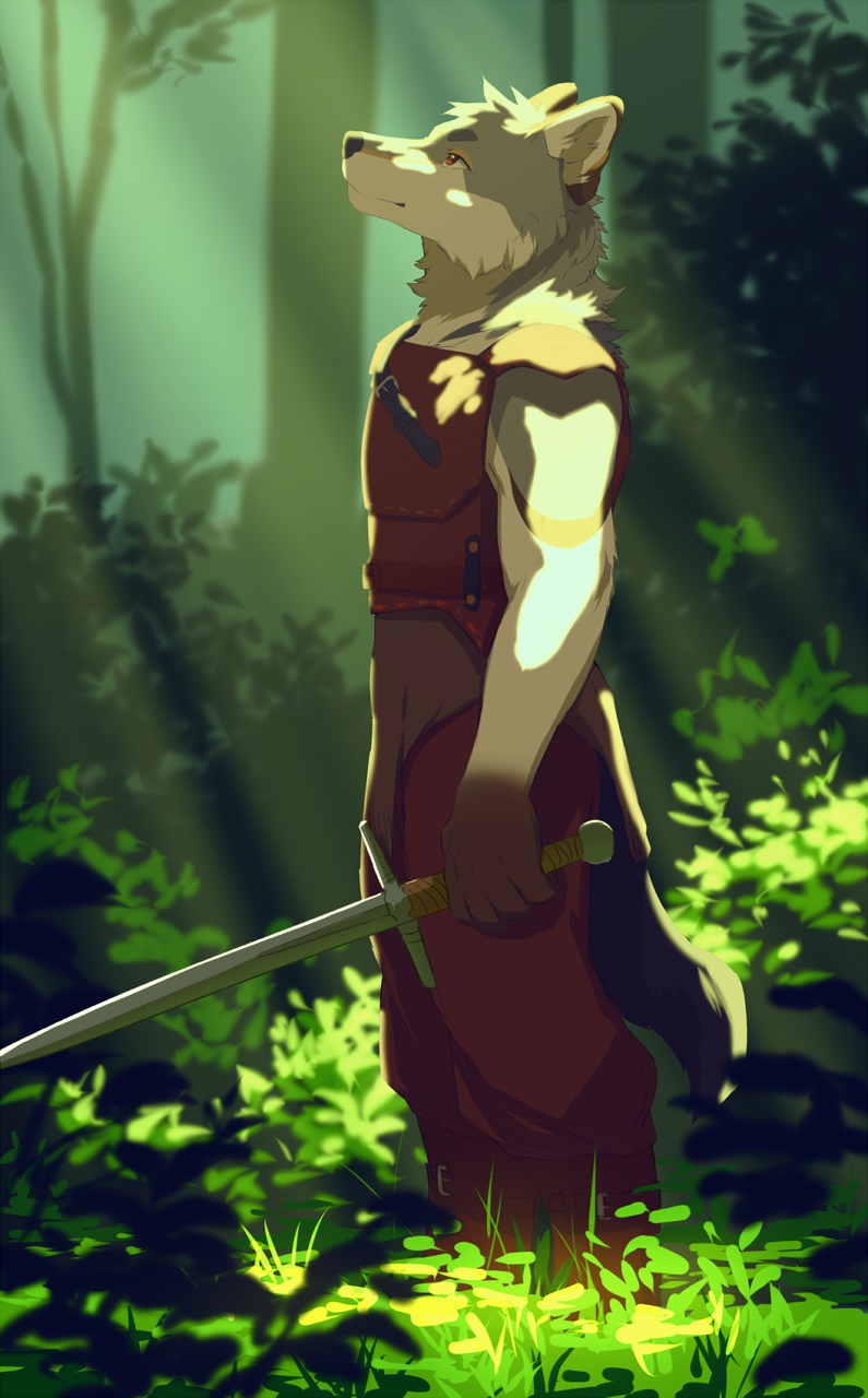 5_fingers akitamonster anthro black_nose brown_eyes canine clothed clothing day forest fur grass grey_fur holding_object holding_weapon male mammal melee_weapon outside smile solo standing sword tan_fur tree weapon wolf