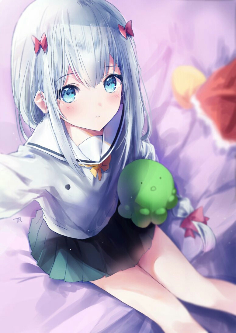 artist_name bangs bed bed_sheet blush bow bowtie closed_mouth eromanga_sensei eyebrows_visible_through_hair from_above hair_bow hand_up holding holding_stuffed_animal indoors izumi_sagiri long_hair long_sleeves looking_at_viewer low-tied_long_hair on_bed pink_bow pleated_skirt reaching_out sailor_collar school_uniform self_shot serafuku shirt sidelocks sitting sitting_on_bed skirt solo stuffed_animal stuffed_octopus stuffed_toy tr_(hareru) very_long_hair yellow_bow yellow_neckwear