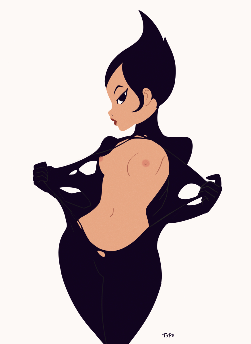 ashi_(samurai_jack) black_bodysuit black_eyes black_hair bodysuit breasts flat_color highres lipstick looking_at_viewer makeup navel nipples perky_breasts samurai_jack short_hair sidelocks skin_tight small_breasts solo spiked_hair torn_bodysuit torn_clothes typo_(requiemdusk) undressing wide_hips