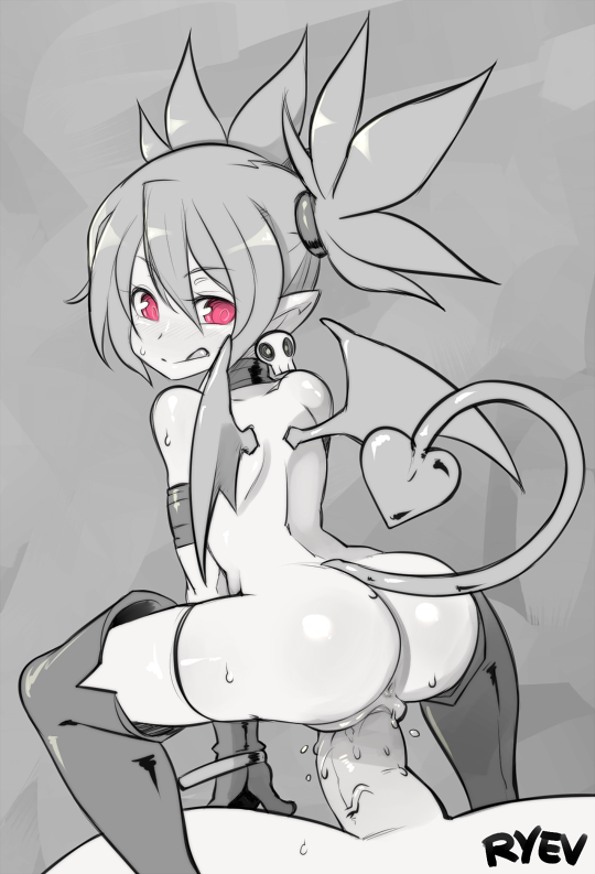 butt clothed clothing demon disgaea ear_piercing erection etna female gloves hair humanoid legwear male male/female mammal membranous_wings monocrome not_furry nude penetration penis piercing pussy red_eyes sex simple_background spade_tail tongue vaginal vaginal_penetration video_games wings