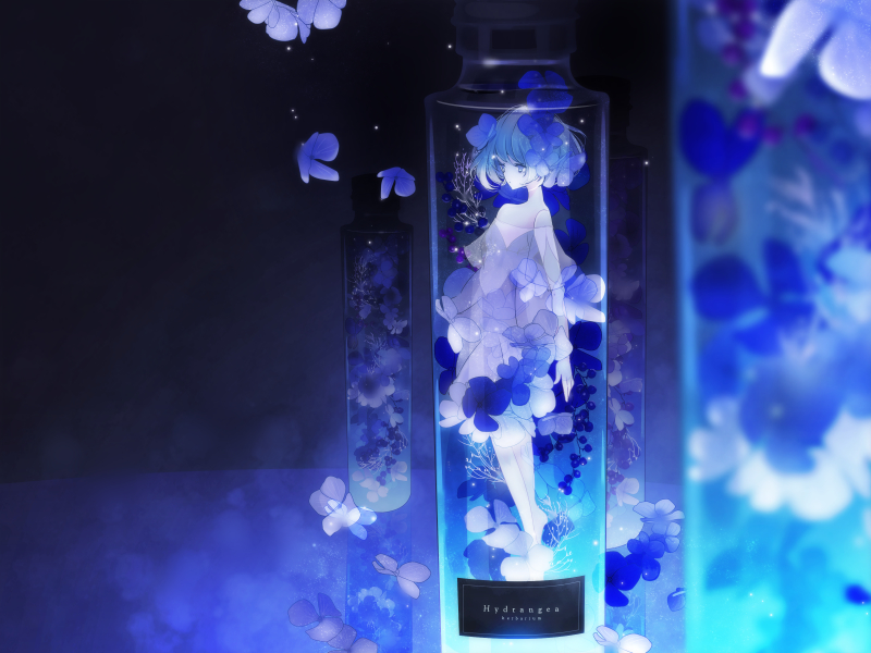 1girl barefoot blue_eyes blue_hair bottle flower hydrangea in_a_bottle original solo yu-kichi