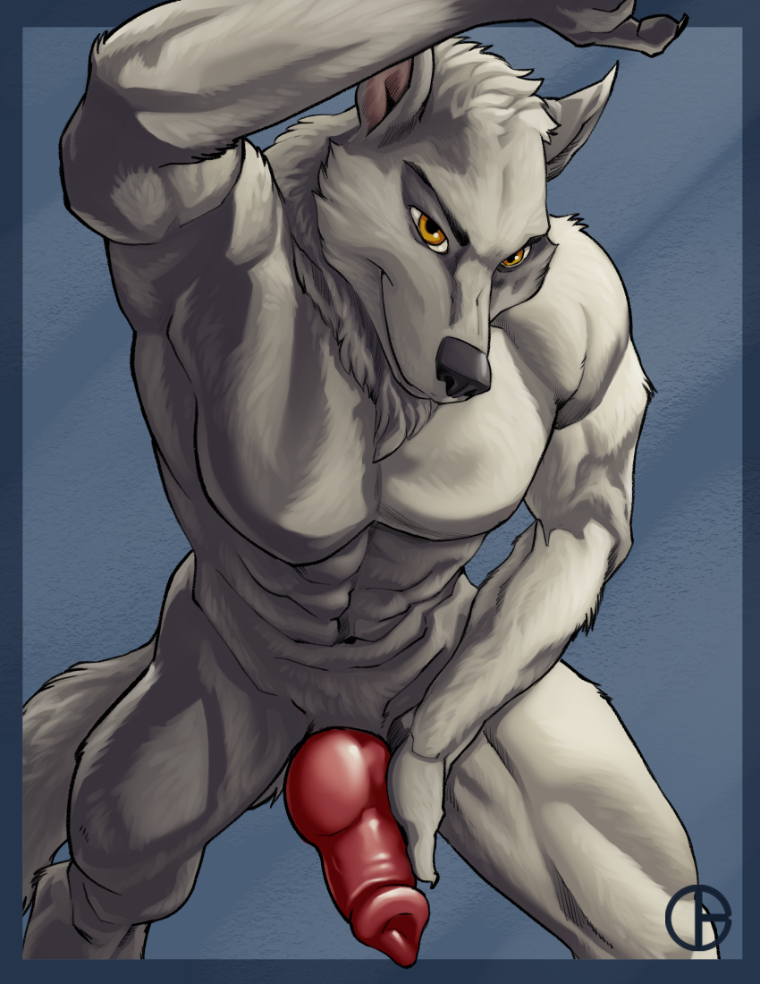 2017 abs animal_genitalia animal_penis anthro biceps canine canine_penis dbruin fur grey_fur hand_on_penis invalid_tag male mammal muscular muscular_male navel pecs penis smile solo wolf yellow_eyes