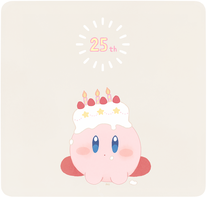 ayu_(mog) bad_id bad_pixiv_id beige_background birthday_cake blue_eyes blush_stickers cake candle food fruit kirby kirby_(series) looking_at_viewer parted_lips red_footwear shoes simple_background star strawberry