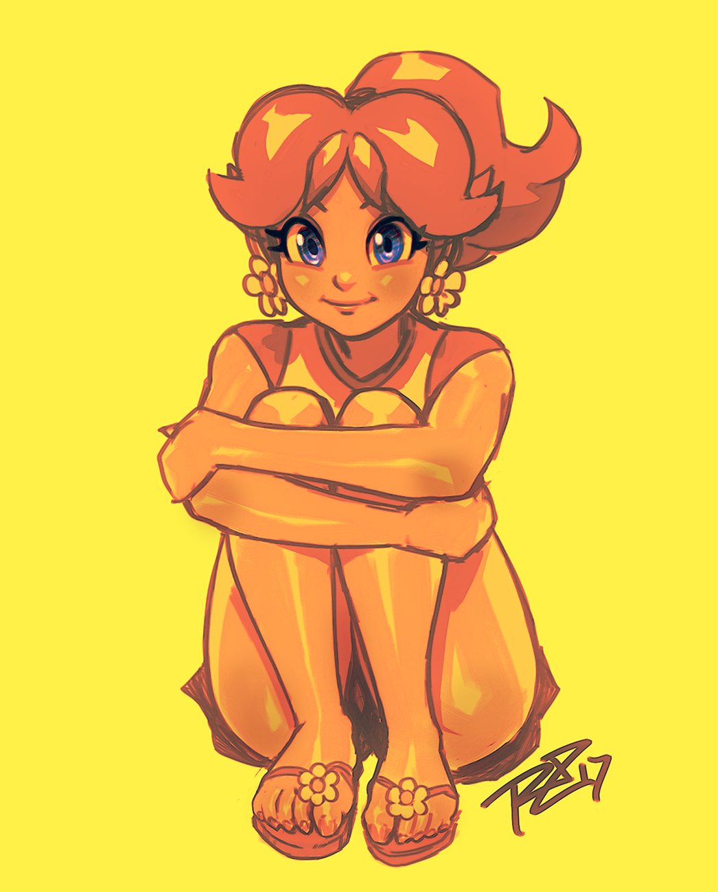 1girl artist_name blue_eyes brown_hair casual crossed_arms earrings feet hi_res jewelry lips long_legs looking_at_viewer nintendo on_ground ponytail princess_daisy robert_porter sandals shorts simple_background sitting smile solo super_mario_bros. tan thick_thighs thighs wide_hips yellow_background