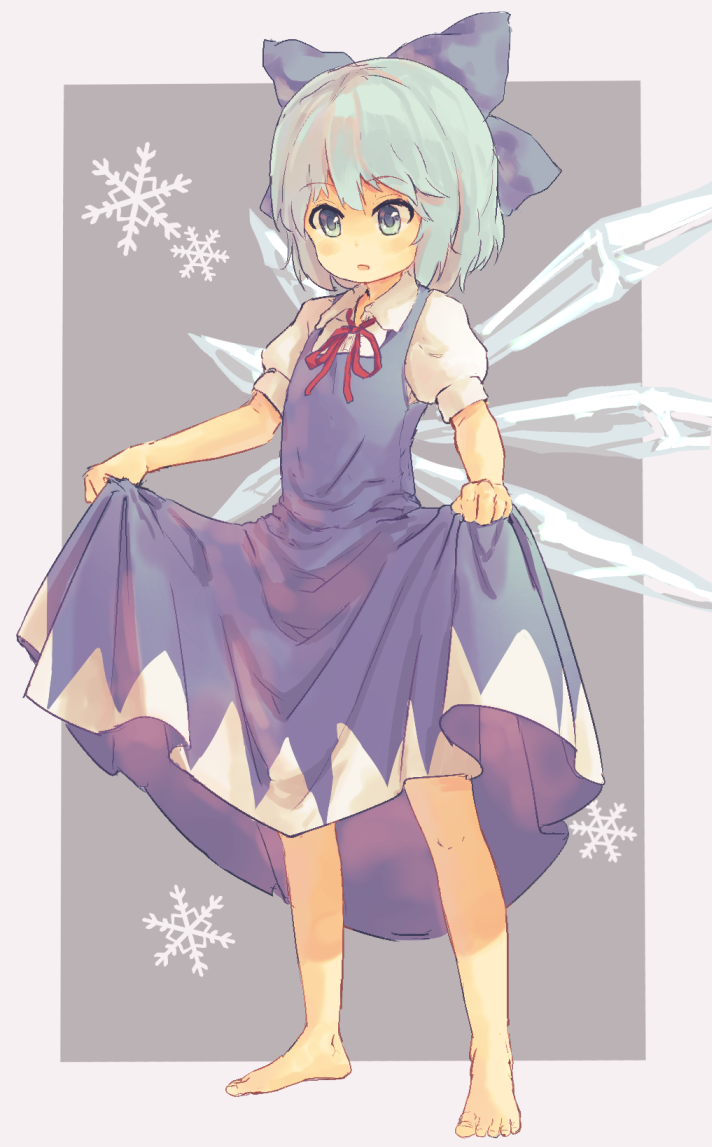 barefoot bionekojita blue_bow blue_dress blue_eyes blue_hair bow cirno dress dress_lift full_body hair_bow ice ice_wings lifted_by_self red_ribbon ribbon short_hair snowflakes solo standing touhou wings