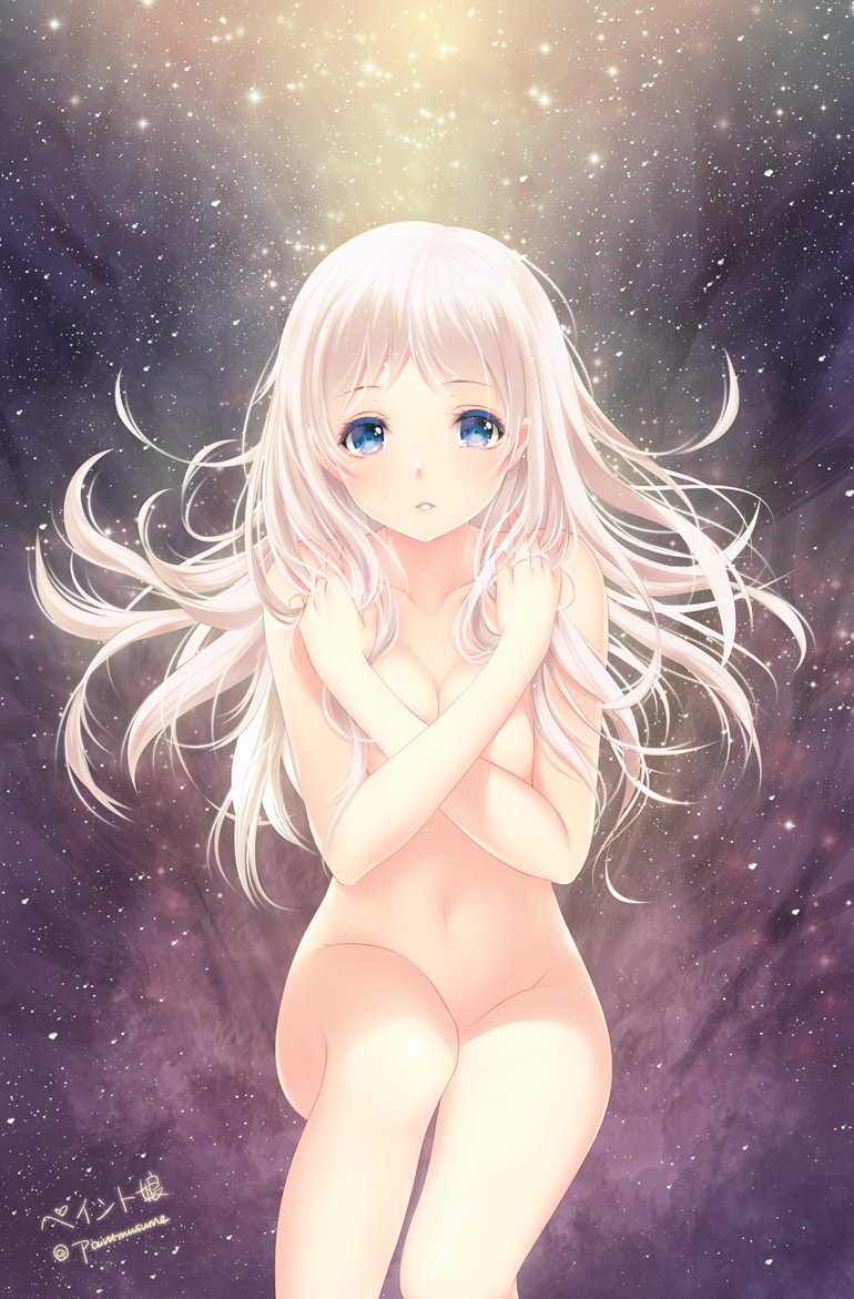 blue_eyes breasts collarbone colored_eyelashes covering covering_breasts feet_out_of_frame gradient gradient_background lips long_hair looking_at_viewer medium_breasts nude original parted_lips signature sky solo star_(sky) starry_sky twitter_username youqiniang