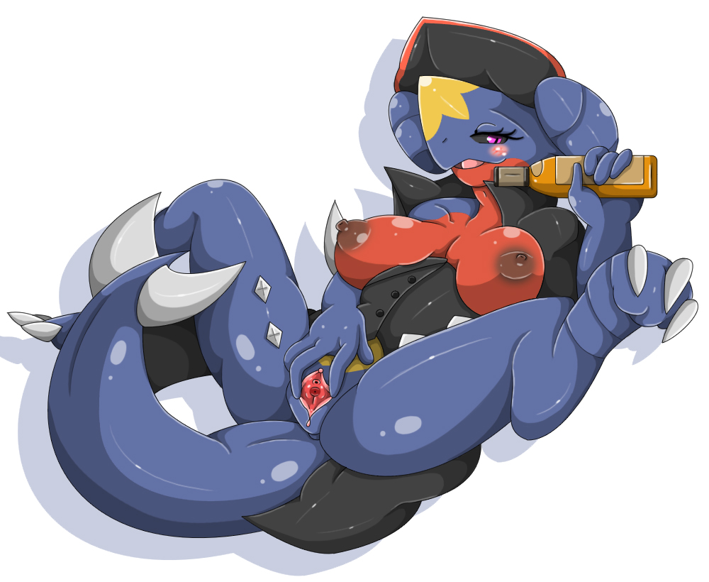 alcohol beverage black_sclera blush breasts dragon female garchomp looking_at_viewer melonleaf nintendo nude pok&eacute;mon pussy smile solo spread_legs spread_pussy spreading thick_tail video_games