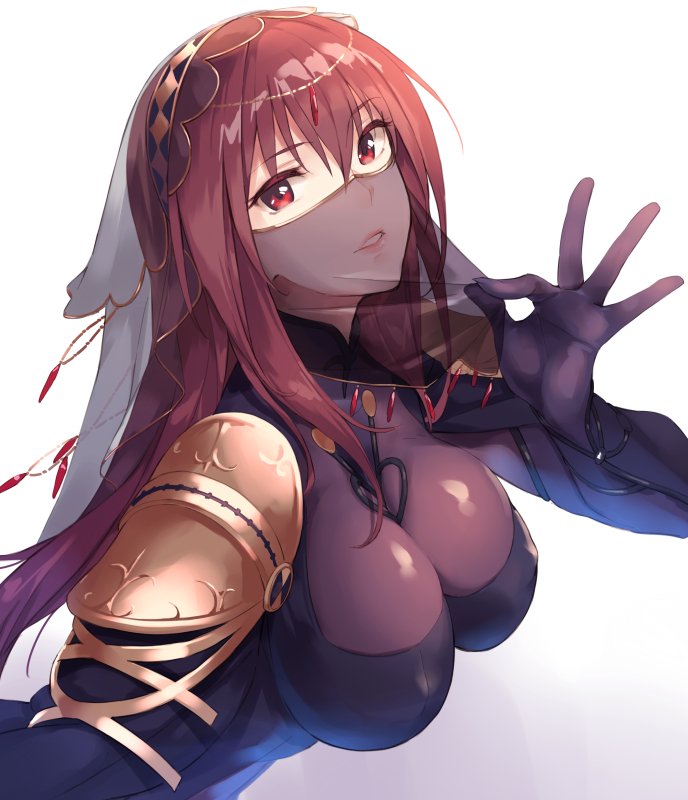 armor bodysuit breasts covered_navel fate/grand_order fate_(series) ichikei impossible_clothes large_breasts lips long_hair looking_at_viewer parted_lips pauldrons purple_bodysuit purple_hair red_eyes scathach_(fate)_(all) scathach_(fate/grand_order) shiny shiny_clothes shoulder_armor solo upper_body veil very_long_hair