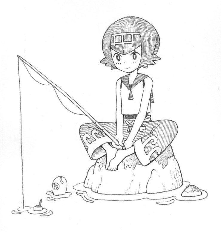 bangs bare_arms bare_shoulders barefoot bright_pupils closed_mouth feet feet_together fish fishing fishing_rod flat_chest flipped_hair full_body gen_7_pokemon gooberman_(kdk5011) hair_between_eyes hairband half-closed_eyes holding holding_fishing_rod indian_style looking_at_viewer looking_away looking_down monochrome moss one-piece_swimsuit pants pokemon pokemon_(creature) pokemon_(game) pokemon_sm ribbon-trimmed_clothes ribbon_trim rock sailor_collar shirt short_hair simple_background sitting sleeveless sleeveless_shirt smile solo suiren_(pokemon) swimsuit swimsuit_under_clothes tareme toenails toes trial_captain v_arms water wavy_eyes white_background wishiwashi