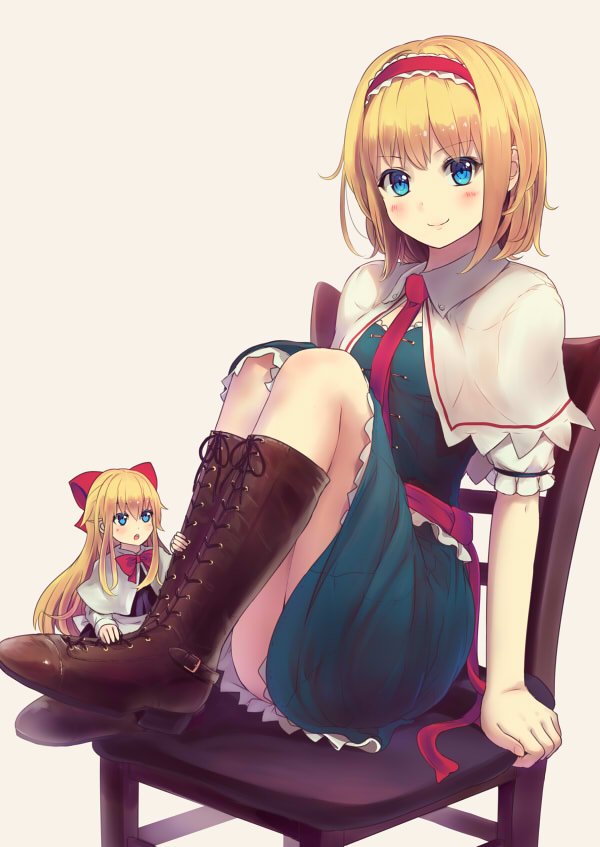&gt;:) :o alice_margatroid ascot bangs beige_background blonde_hair blue_dress blue_eyes blush boots bow bowtie breasts brown_footwear capelet chair closed_mouth commentary_request culter doll dress eyebrows_visible_through_hair frilled_hairband frills full_body hair_bow hairband hand_rest high_heels knee_boots knees_up legs_together lolita_hairband long_hair looking_at_another looking_at_viewer medium_breasts multiple_girls open_mouth puffy_short_sleeves puffy_sleeves red_bow red_hairband red_neckwear sash shanghai_doll short_hair short_sleeves sidelocks simple_background sitting smile touhou v-shaped_eyebrows white_capelet