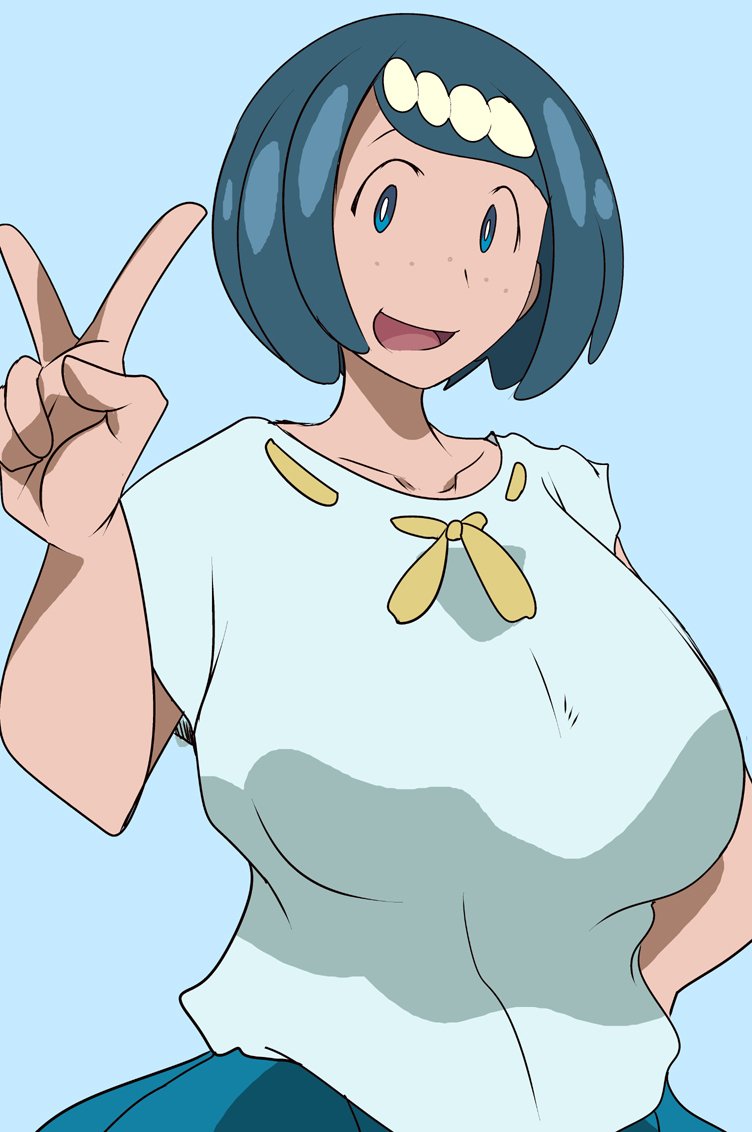 :d alternate_breast_size bangs blue_background blue_eyes blue_shirt blue_skirt bob_cut breasts bright_pupils collarbone cowboy_shot freckles hairband hand_on_hip huge_breasts looking_at_viewer mature open_mouth pearl pleated_skirt pokemon pokemon_(anime) pokemon_sm_(anime) raised_eyebrows ribbon ribbon-trimmed_shirt ribbon_trim shirt short_hair short_sleeves simple_background sketch skirt smile solo standing suiren's_mother_(pokemon) suitekiya2 swept_bangs t-shirt tareme tongue v white_hairband yellow_ribbon