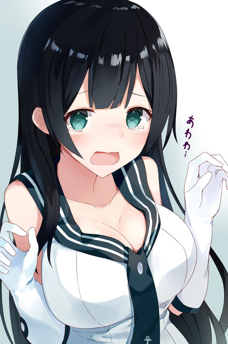 agano_(kantai_collection) aqua_eyes bare_shoulders black_hair blue_background blush breasts cleavage collarbone elbow_gloves embarrassed gloves gradient gradient_background kantai_collection large_breasts long_hair looking_at_viewer necktie open_mouth sailor_collar shikuro_(iorimiyakiyo) sleeveless solo white_gloves