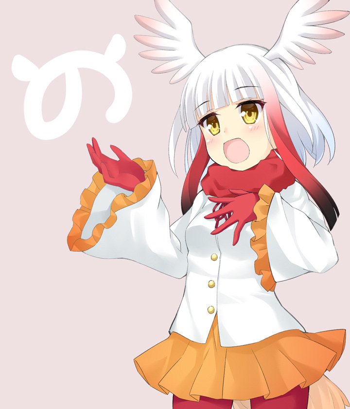 :d bangs blunt_bangs blush eyebrows_visible_through_hair frilled_sleeves frills gloves head_tilt head_wings japanese_crested_ibis_(kemono_friends) japari_symbol kemono_friends long_hair long_sleeves maccha multicolored_hair open_mouth orange_skirt pantyhose pink_background pleated_skirt red_gloves red_hair red_legwear shirt simple_background skirt smile solo tail two-tone_hair white_hair white_shirt wide_sleeves yellow_eyes