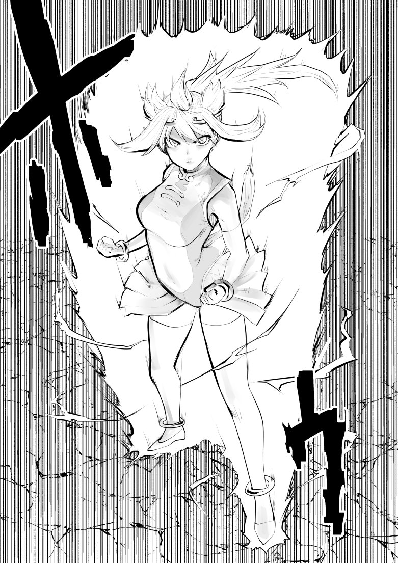 1girl aura bad_feet breasts energy english high_ponytail highres leotard long_hair looking_at_viewer medium_breasts monochrome ponytail simple_background solo souryu sun_wukong tagme thighhighs