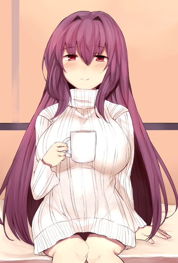 bare_legs blush breasts cup fate/grand_order fate_(series) hair_between_eyes hair_intakes large_breasts long_hair long_sleeves looking_at_viewer mug naked_sweater purple_hair red_eyes ribbed_sweater sabujiroko scathach_(fate)_(all) scathach_(fate/grand_order) sitting smile solo sweater