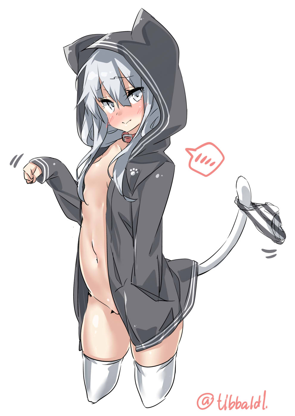 animal_hood bottomless breasts closed_mouth collar cropped_legs ebifurya eyebrows_visible_through_hair green_hair grey_eyes hair_between_eyes hand_in_pocket hibiki_(kantai_collection) highres hood hoodie kantai_collection legs_apart looking_at_viewer naked_hoodie navel open_clothes open_hoodie panties panties_removed paw_pose simple_background small_breasts solo spoken_blush standing striped striped_panties tail thighhighs twitter_username underwear white_background white_legwear