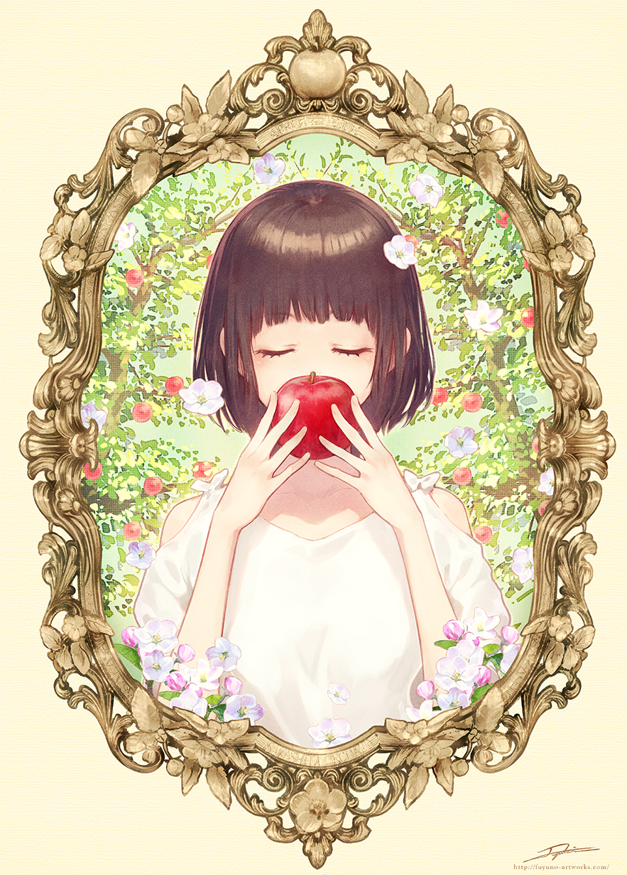 apple artist_name bangs bare_shoulders blunt_bangs blush brown_hair closed_eyes collarbone commentary_request eyebrows_visible_through_hair facing_viewer flower food fruit fuyuno_yuuki hair_flower hair_ornament highres holding holding_food holding_fruit long_sleeves original picture_frame ribbon shiny shiny_hair shirt short_hair shoulder_cutout simple_background solo tree tree_branch upper_body watermark web_address white_flower white_ribbon white_shirt yellow_background