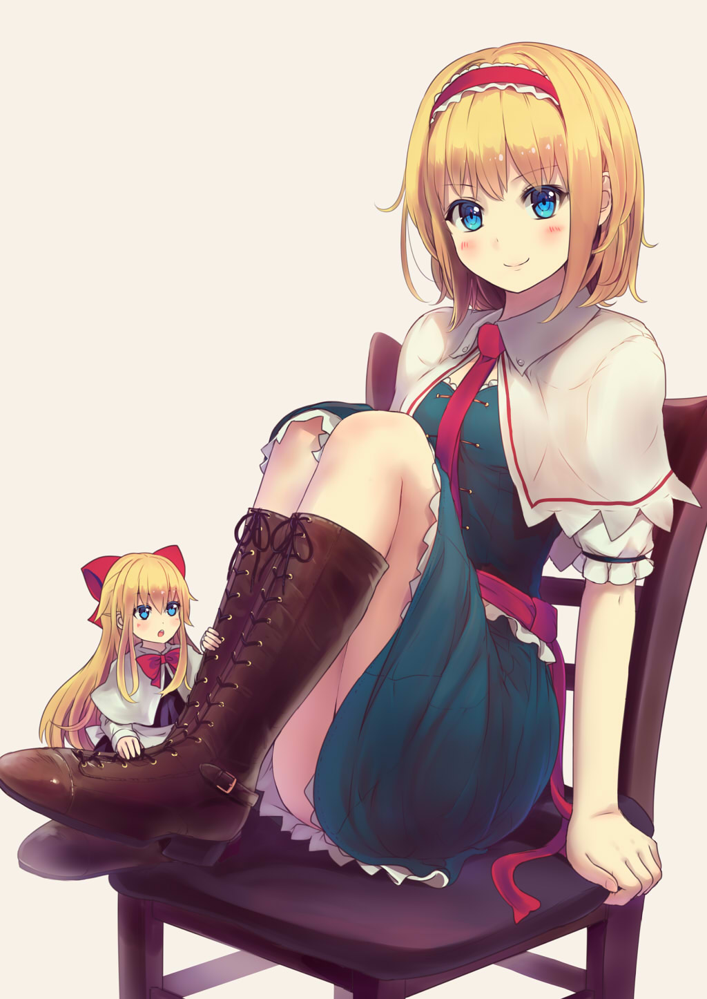 &gt;:) :o alice_margatroid ascot bangs beige_background blonde_hair blue_dress blue_eyes blush boots bow bowtie breasts brown_footwear capelet chair closed_mouth commentary_request culter doll dress eyebrows_visible_through_hair feet_on_chair frilled_hairband frills full_body hair_bow hairband hand_rest high_heels highres knee_boots knees_up legs_together lolita_hairband long_hair looking_at_another looking_at_viewer medium_breasts multiple_girls open_mouth puffy_short_sleeves puffy_sleeves red_bow red_hairband red_neckwear sash shanghai_doll short_hair short_sleeves sidelocks simple_background sitting smile touhou v-shaped_eyebrows white_capelet