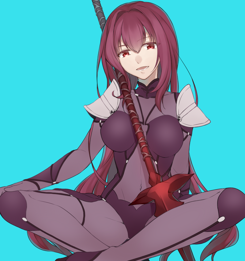 armor blush bodysuit breasts citron_82 fate/grand_order fate_(series) indian_style lance large_breasts long_hair looking_at_viewer open_mouth polearm purple_bodysuit purple_hair red_eyes scathach_(fate)_(all) scathach_(fate/grand_order) sitting smile solo weapon