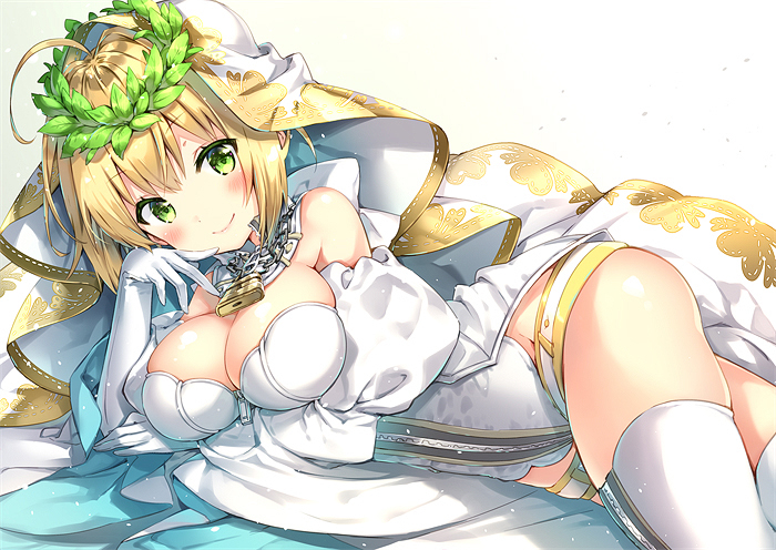 ahoge arm_support ass bangs bare_shoulders belt blonde_hair blush breast_hold breasts bridal_veil chain cleavage closed_mouth colored_eyelashes commentary_request cowboy_shot detached_collar detached_sleeves elbow_gloves eyebrows_visible_through_hair fate/extra fate/extra_ccc fate/grand_order fate_(series) full-length_zipper gloves gradient gradient_background green_eyes groin hair_intakes hand_up head_tilt head_wreath heart heart_print large_breasts leotard light_particles light_smile lock looking_at_viewer loose_belt lying nero_claudius_(bride)_(fate) nero_claudius_(fate)_(all) on_side padlock puffy_detached_sleeves puffy_sleeves ribbon_trim riichu showgirl_skirt sidelocks skindentation skirt smile strapless strapless_leotard thighhighs thighs tied_hair unzipped veil white_background white_gloves white_legwear white_leotard white_skirt wide_sleeves zipper zipper_pull_tab