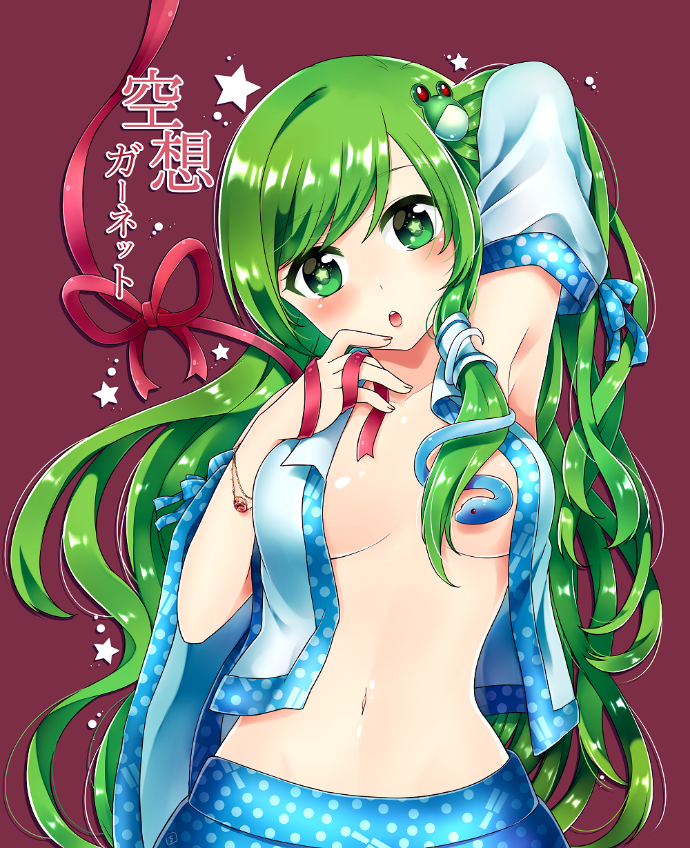 arm_up armpits blush breasts cleavage detached_sleeves frog_hair_ornament green_hair hair_ornament hair_tubes hand_in_hair hand_on_own_chest highres kochiya_sanae long_hair looking_at_viewer lying maroon_background medium_breasts midriff mio1030 navel nontraditional_miko on_back open_clothes open_mouth open_shirt ribbon shiny shiny_hair shirt snake_hair_ornament solo star star-shaped_pupils symbol-shaped_pupils touhou upper_body