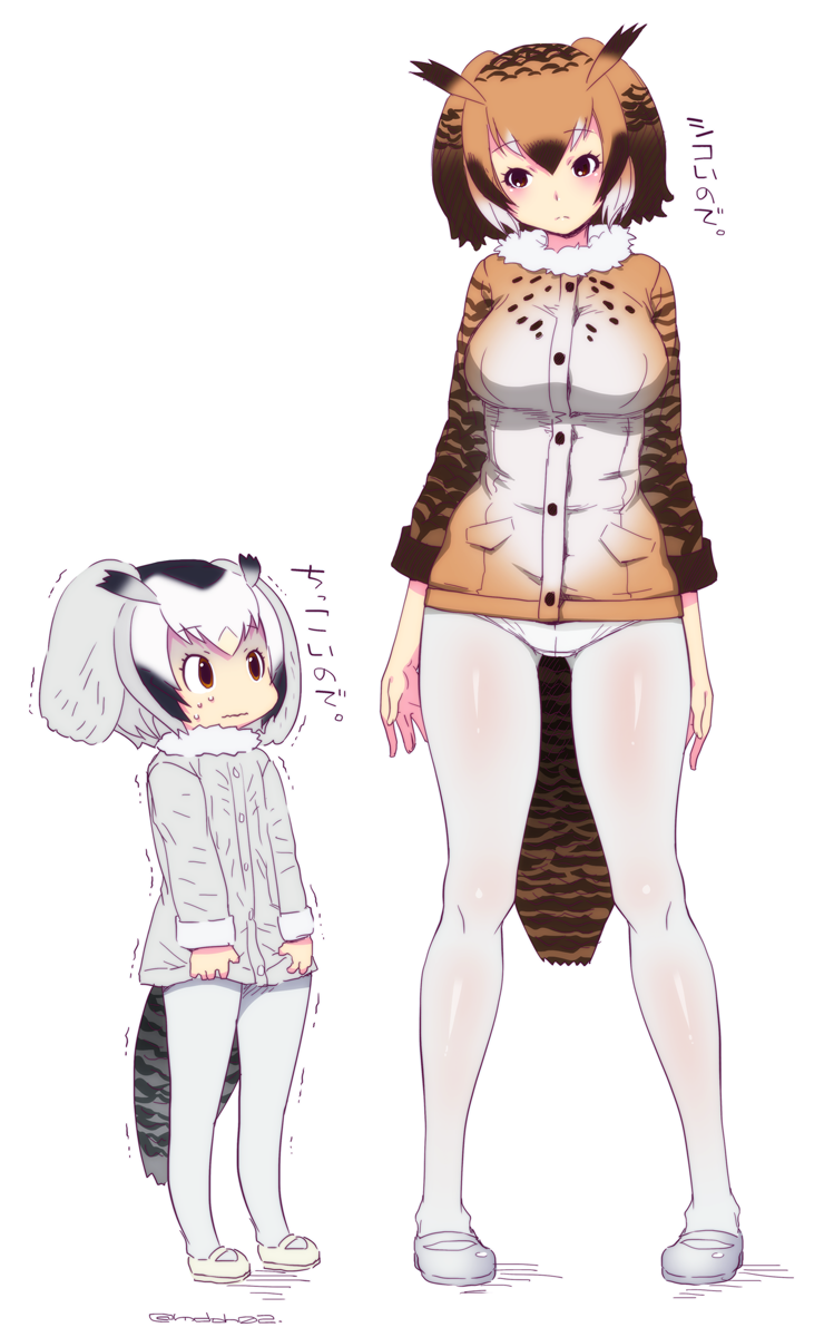 ass bird_tail blush breasts brown_eyes brown_hair coat eurasian_eagle_owl_(kemono_friends) full_body fur_collar grey_hair grey_legwear hair_between_eyes head_wings height_difference highres kemono_friends large_breasts long_sleeves looking_at_viewer mudou_eichi multicolored_hair multiple_girls northern_white-faced_owl_(kemono_friends) panties panties_under_pantyhose pantyhose short_hair simple_background standing translated underwear white_background white_hair